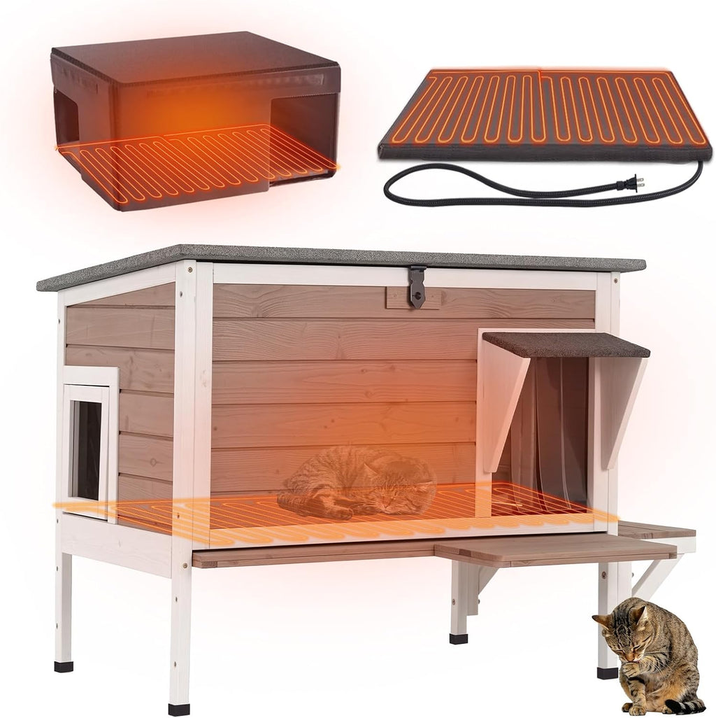 Brown large wooden heated outdoor cat house with escape doors