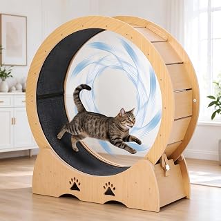 Wooden Cat Exercise Wheel Treadmill with Carpeted Runway for Indoor Cats