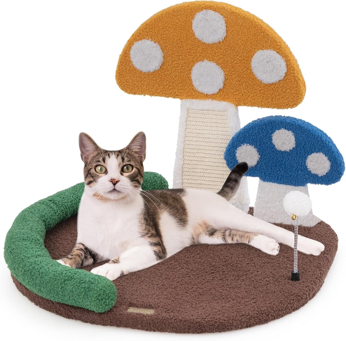 Colorful mushroom cat tree with sisal scratching posts, condo and spring ball – view 2
