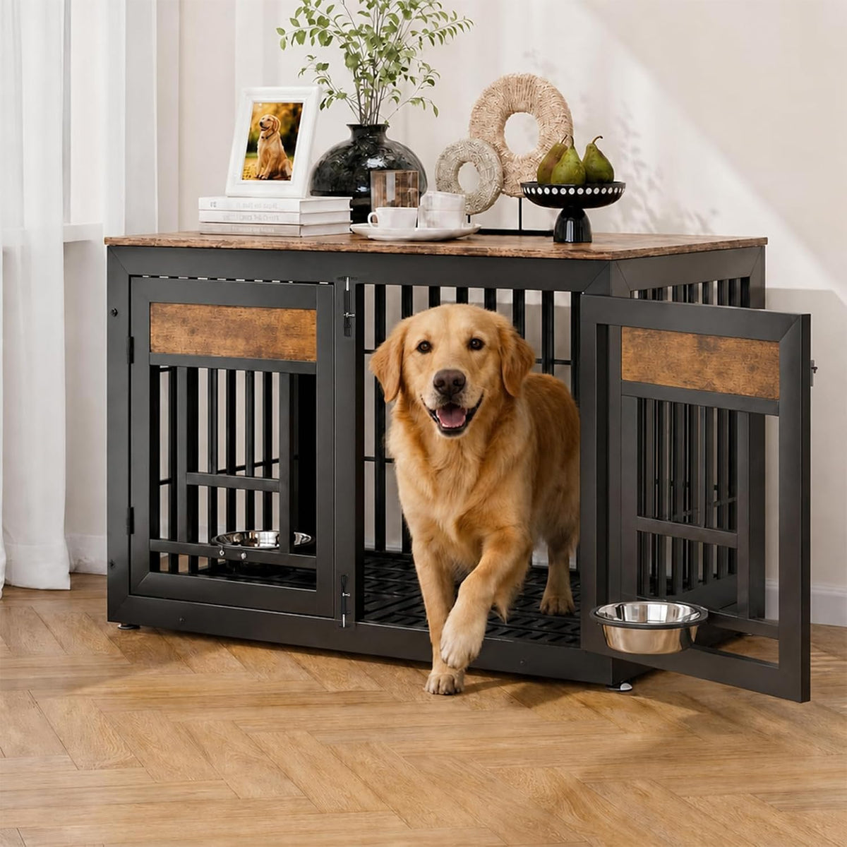 38 inch dog crate end table with bowl holders on both doors