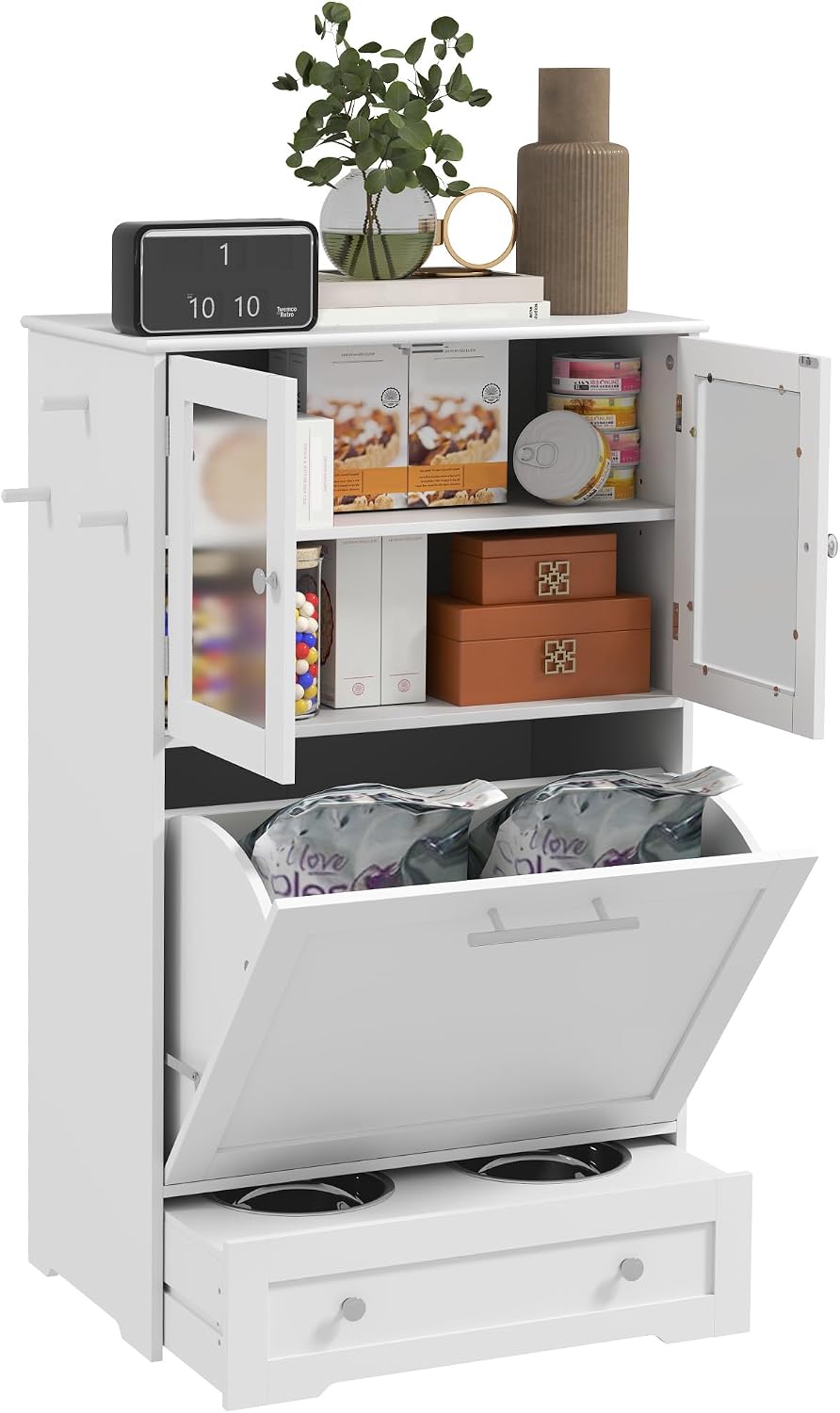 White pet feeding station cabinet with elevated bowls and storage
