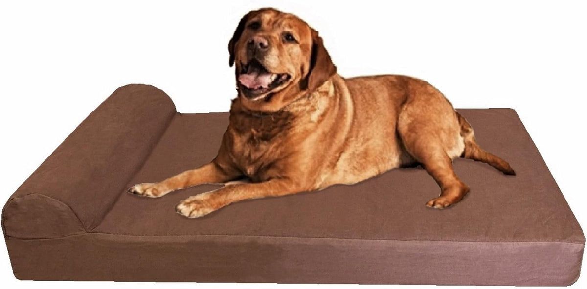 Large orthopedic memory foam dog bed with headrest pillow and brown denim cover