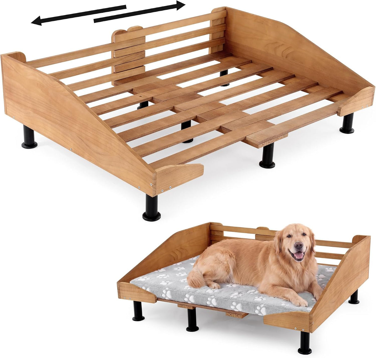 Raised wooden dog bed frame holding a cushioned pet mattress