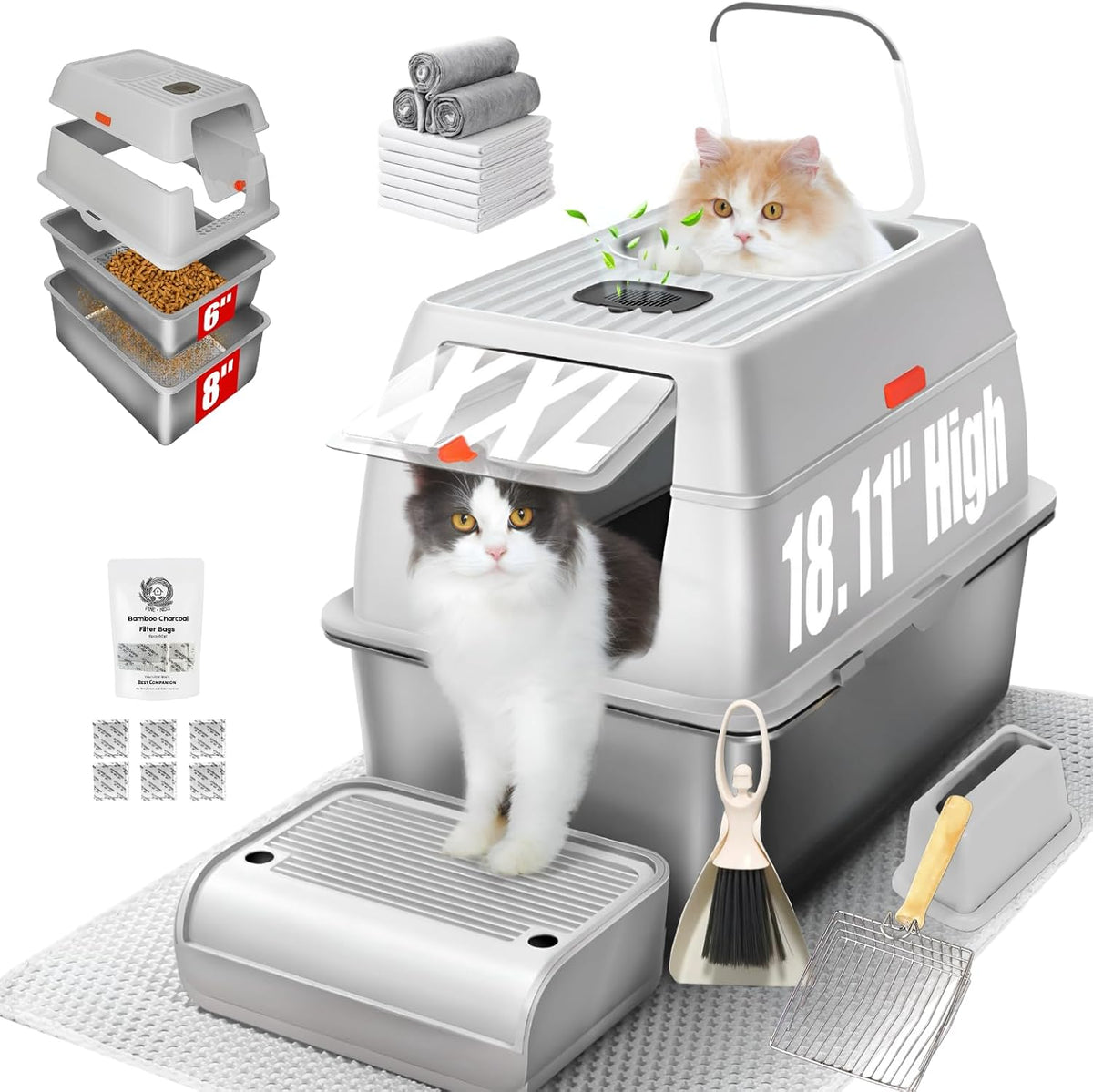Gray enclosed stainless steel sifting litter box with mat and scooper