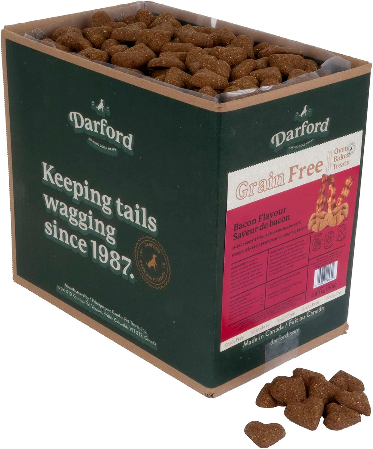Box of crunchy heart-shaped bacon mini dog biscuits
