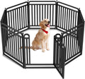 Black 16 panel metal dog playpen with gate staked on a lawn – view 8
