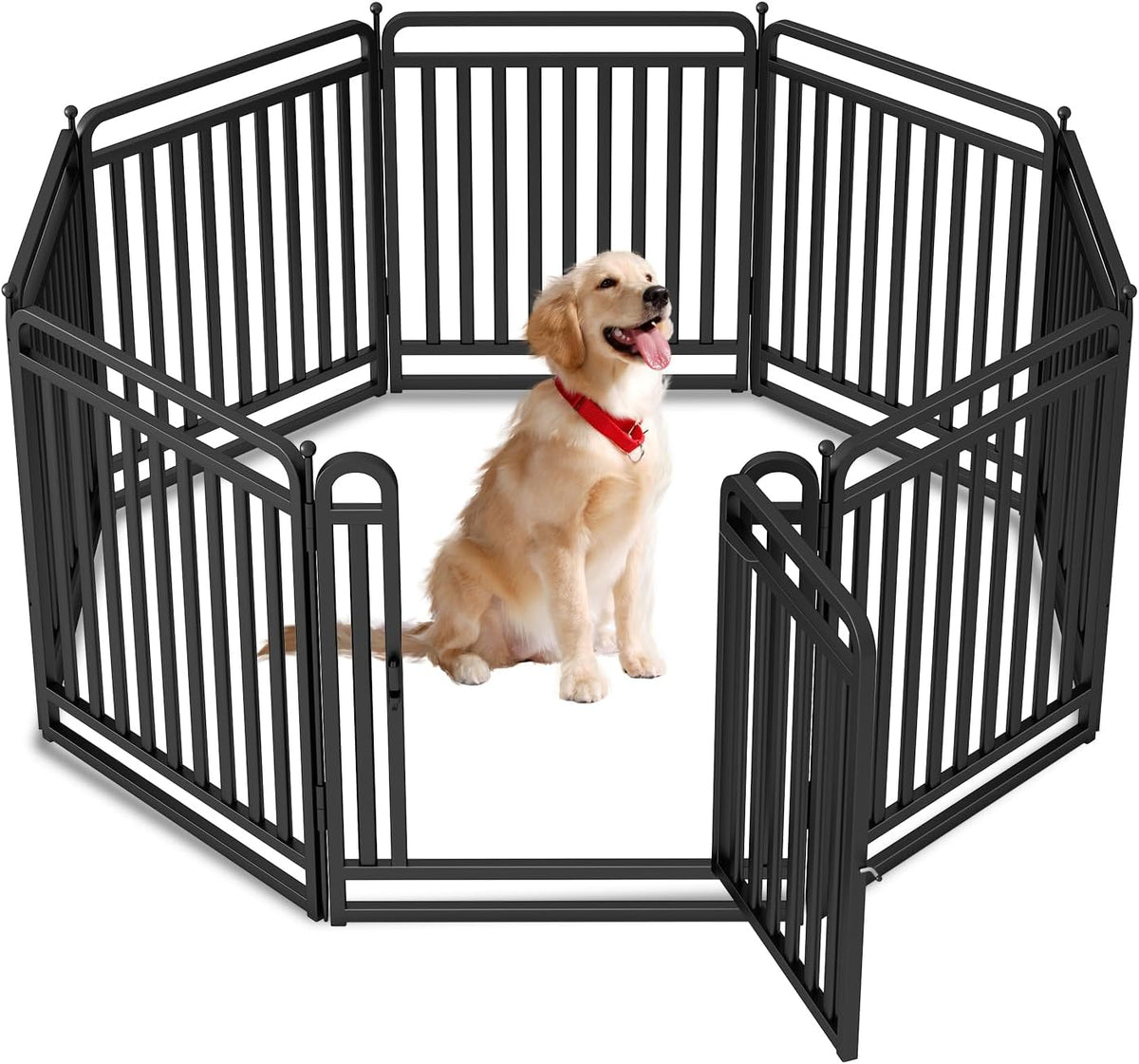 Black 16 panel metal dog playpen with gate staked on a lawn – view 8