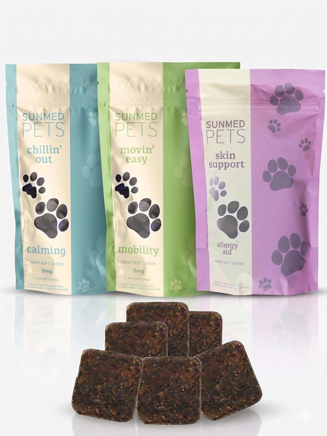Three jars of dog soft chew supplements for calming, skin and joint support