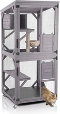 Wooden catio cat enclosure on wheels with waterproof roof