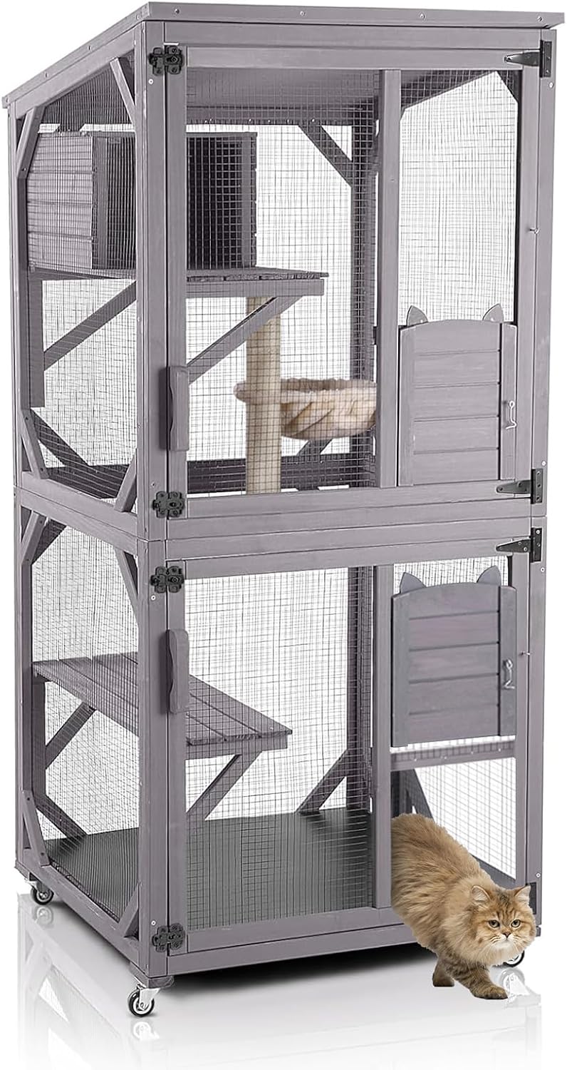 Wooden catio cat enclosure on wheels with waterproof roof