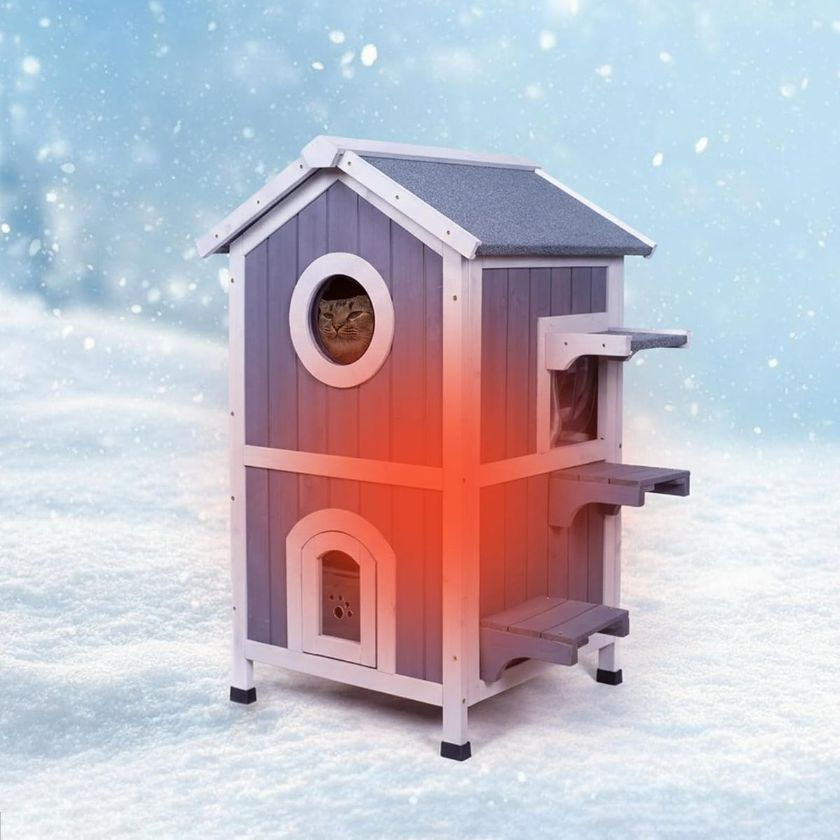 Wooden outdoor cat house with asphalt roof and PVC door flaps