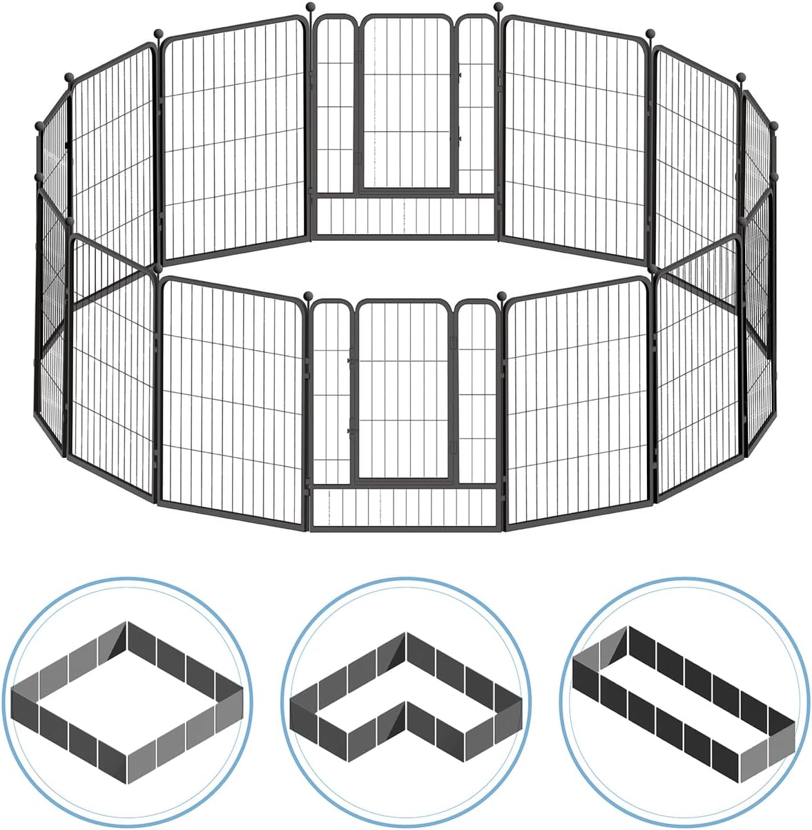 Foldable metal wire pet playpen with gate set up in a yard