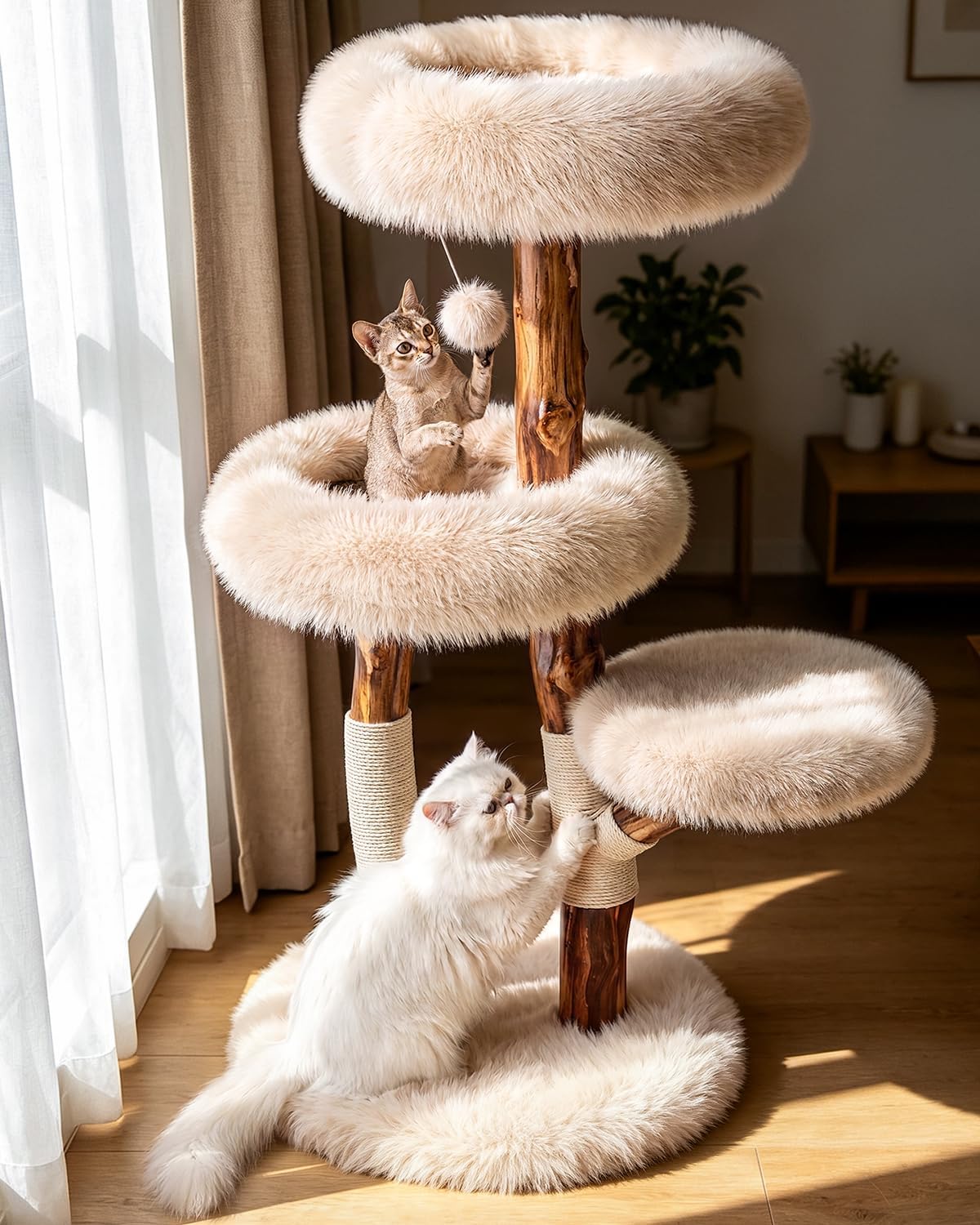 Boho solid wood cat tree with real branch, faux fur cushion and sisal posts