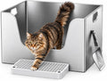 Deep stainless steel cat litter box with tall walls and low entry