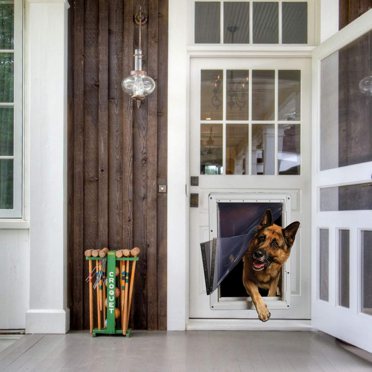 Large door-mounted pet door with flap