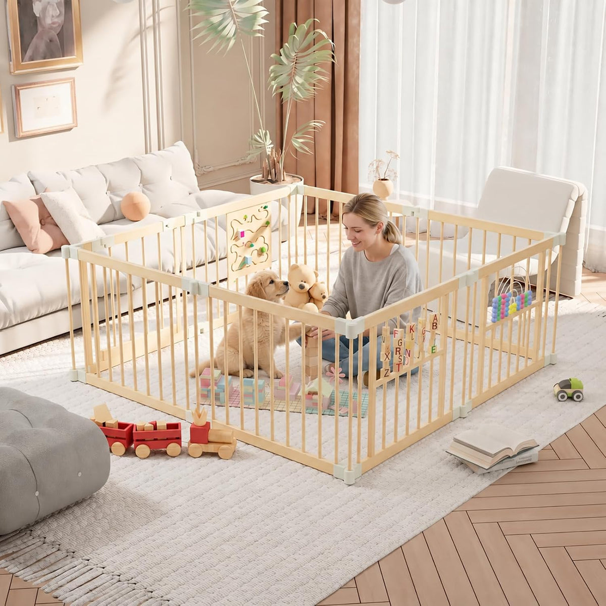 Foldable wooden dog playpen with door set up in a living room – view 3