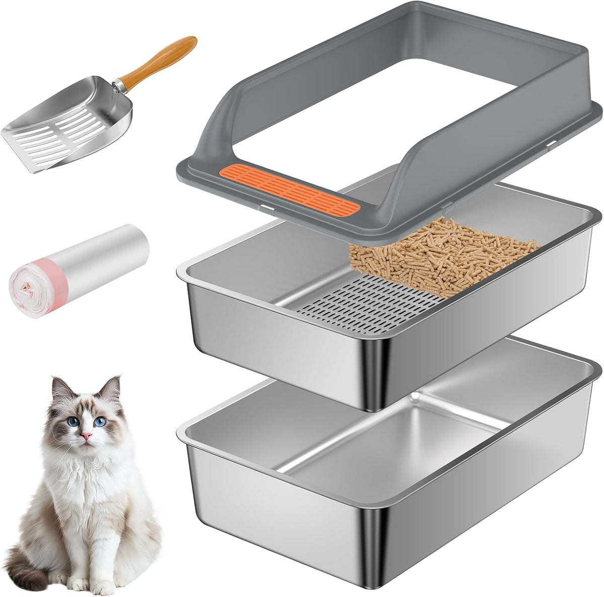 Two stainless steel sifting litter boxes with lids – view 2