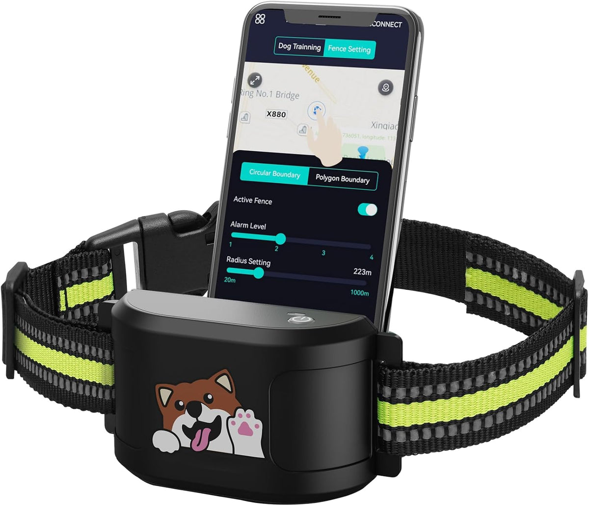 Black GPS dog fence and tracking collar with phone app showing a boundary