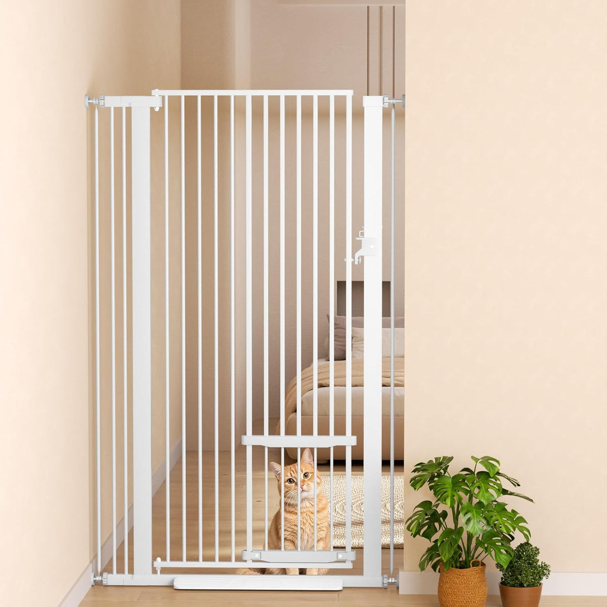 White 55.1 inch extra tall pet gate with small cat door in a hallway