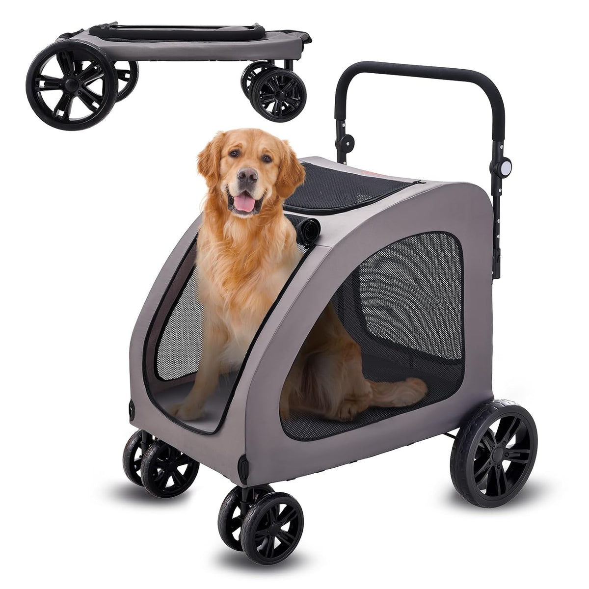 Four wheel pet stroller with mesh windows and large rear wheels