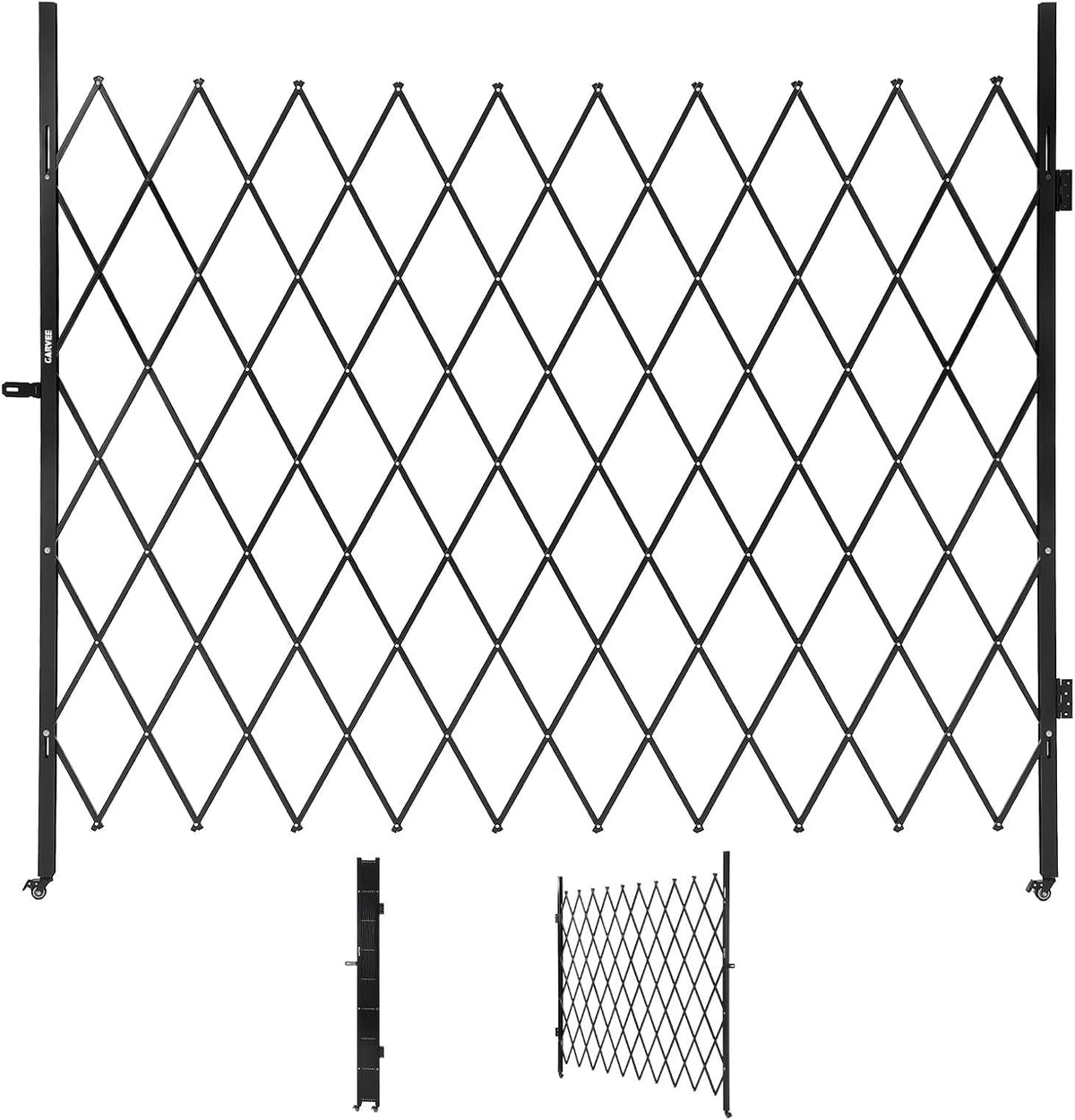 Black expandable accordion folding gate on wheels across a garage