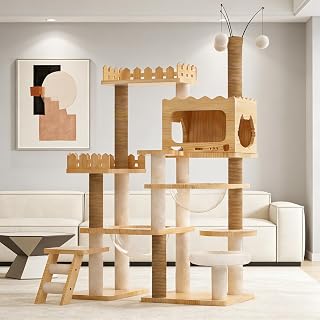 66.9" Modern Wood Cat Tree with Sisal-Covered Scratching Posts, Top Perch and Acrylic Hammock