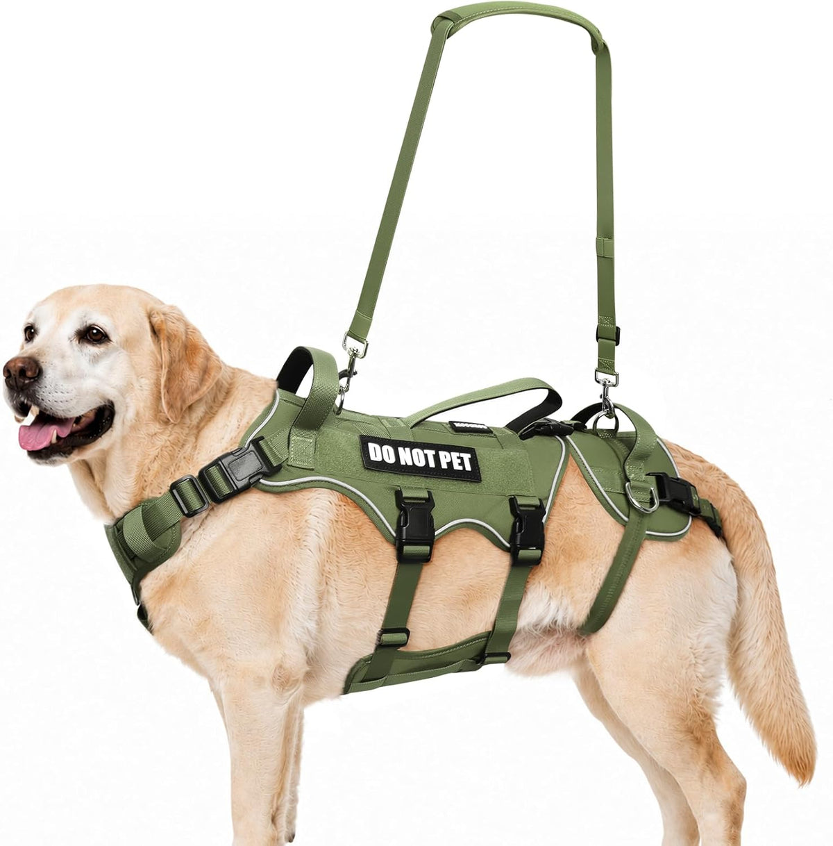 Brown full-body dog lift harness with three padded handles and shoulder strap – view 2