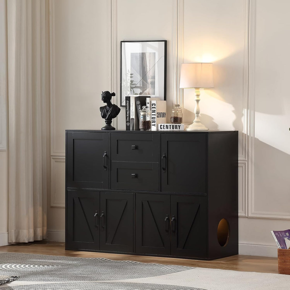 Black 47.6 inch double cat litter box enclosure with storage drawers