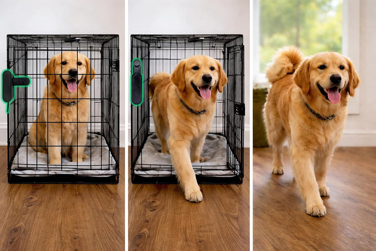 Smart dog crate door opener mounted on a black metal wire crate