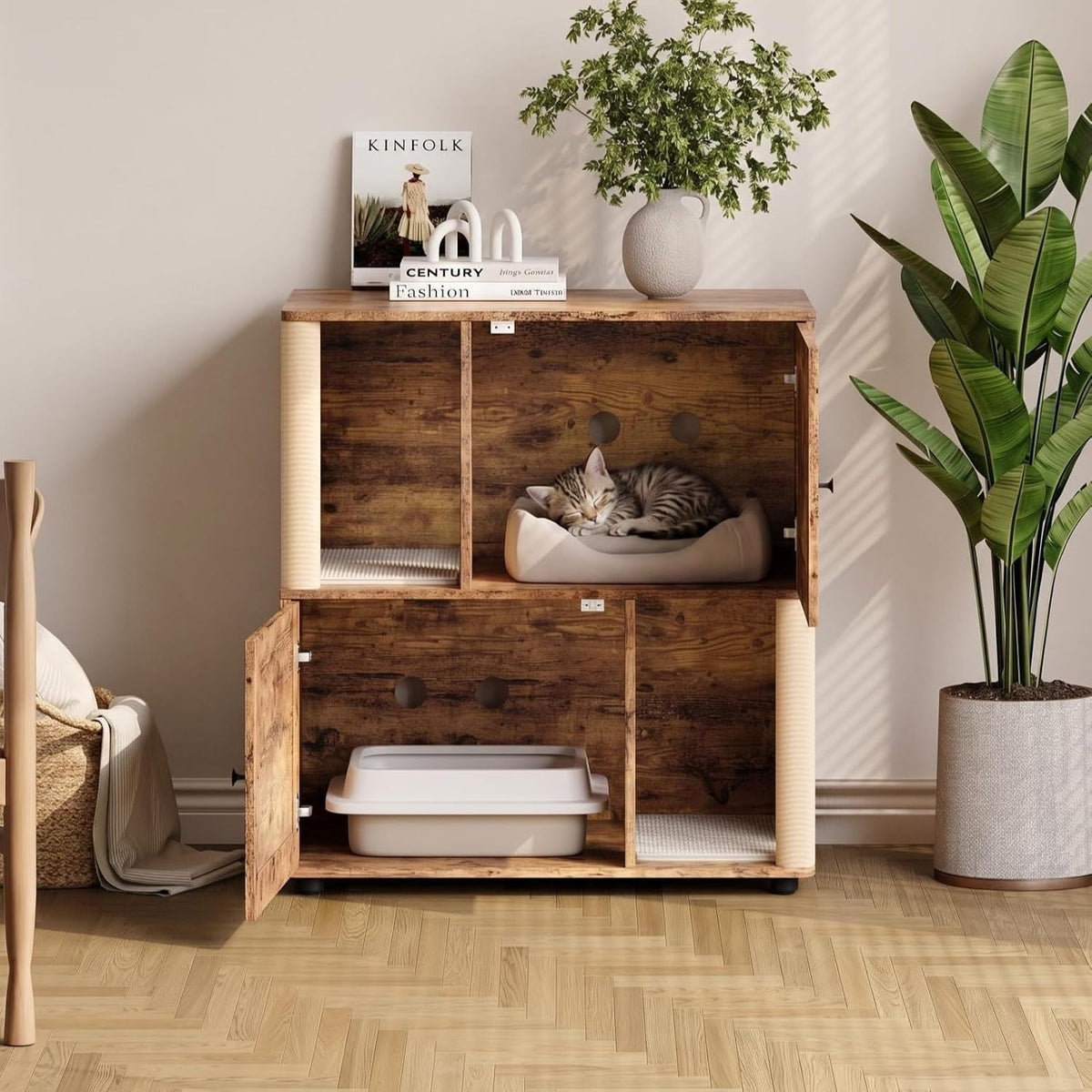Walnut wooden litter box enclosure bench with sisal posts
