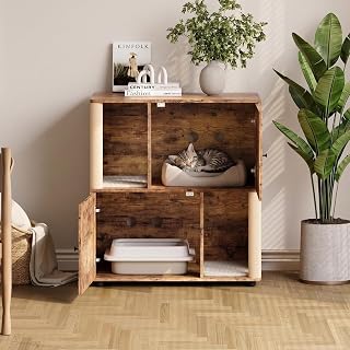 Wooden Cat Litter Box Enclosure with Sisal Scratching Posts and Litter Catch Mats, Hidden Bench Side Table for Large Cats