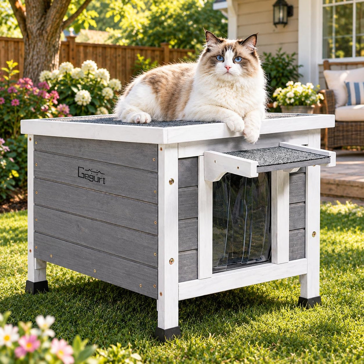 Wooden outdoor cat house with asphalt roof and PVC door flaps – view 2