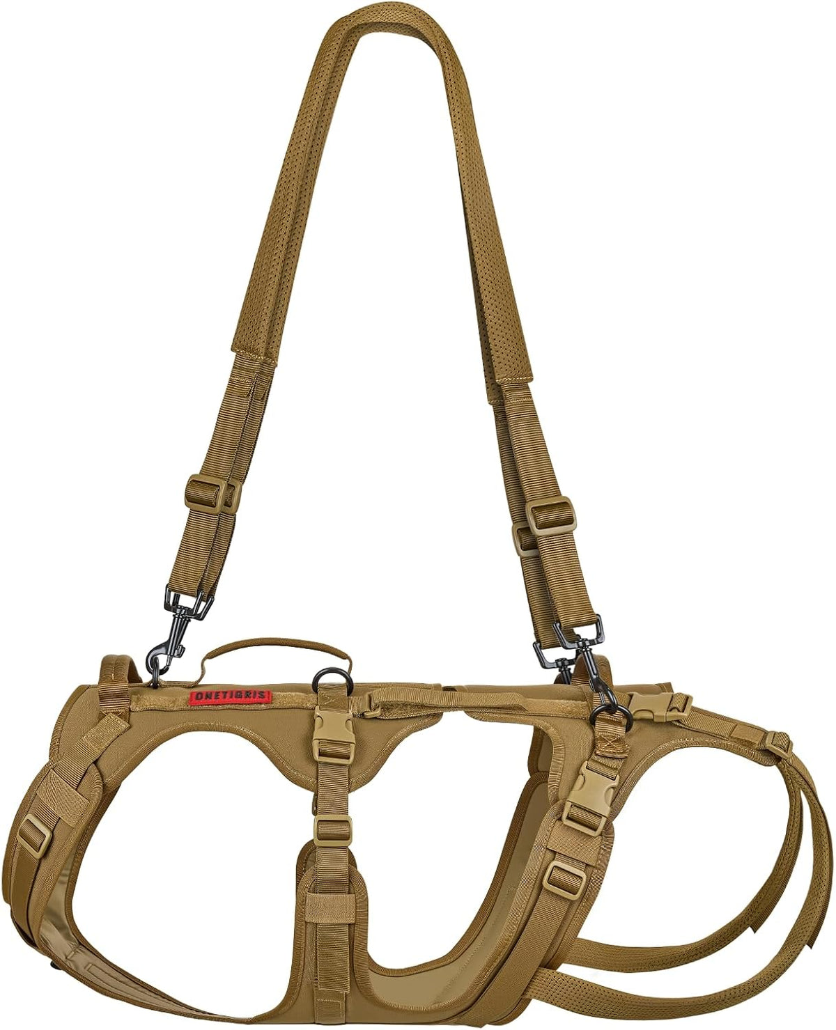 Black full body dog lift harness with three handles worn by a dog