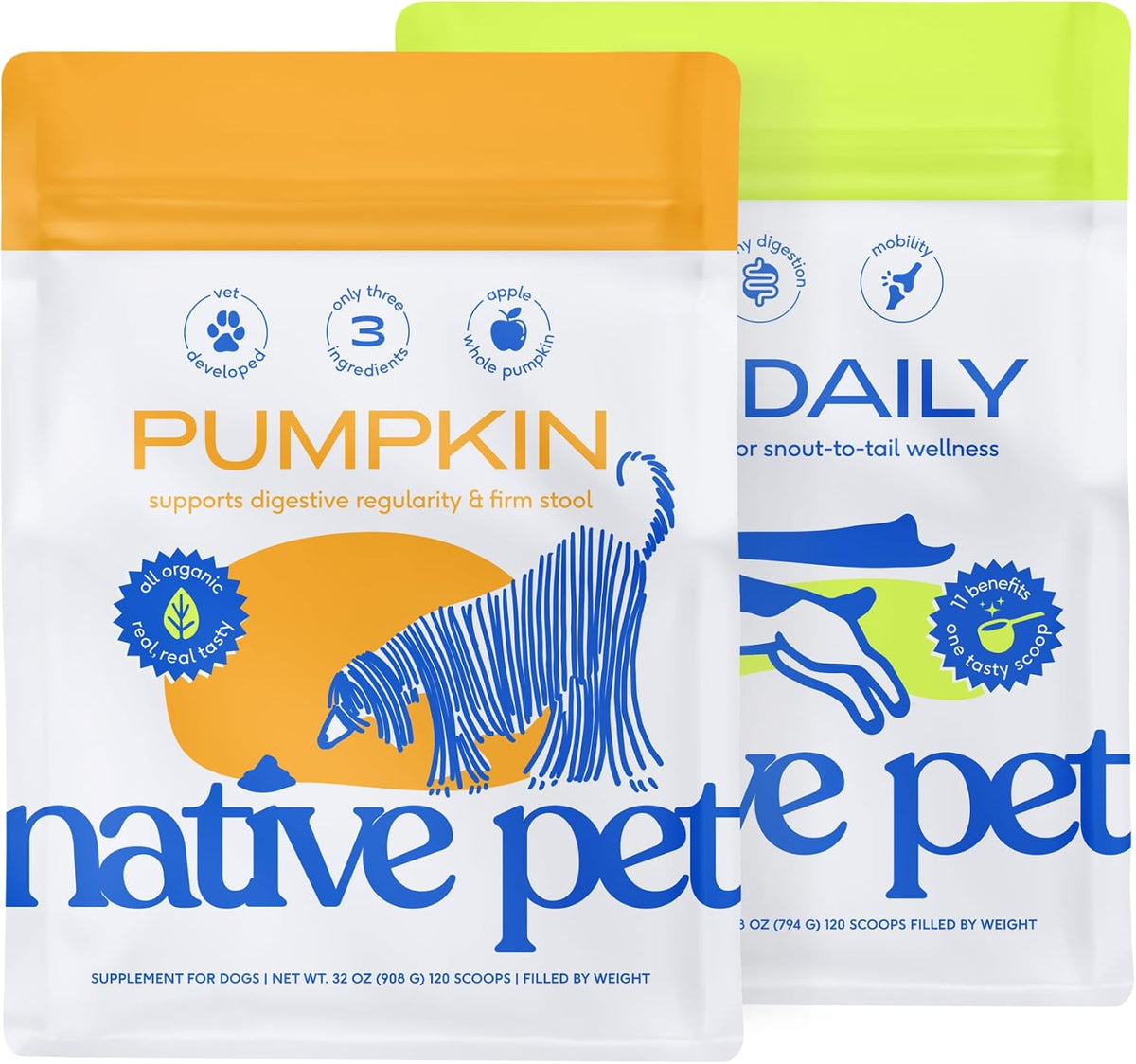 Two tubs of pumpkin fiber powder and multivitamin powder for dogs