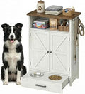 Dog Feeding Station with Storage, Elevated Dog Food Cabinet with Stainless Steel Bowls and Barn Door, White