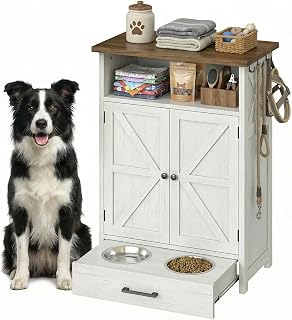 Dog Feeding Station with Storage, Elevated Dog Food Cabinet with Stainless Steel Bowls and Barn Door, White