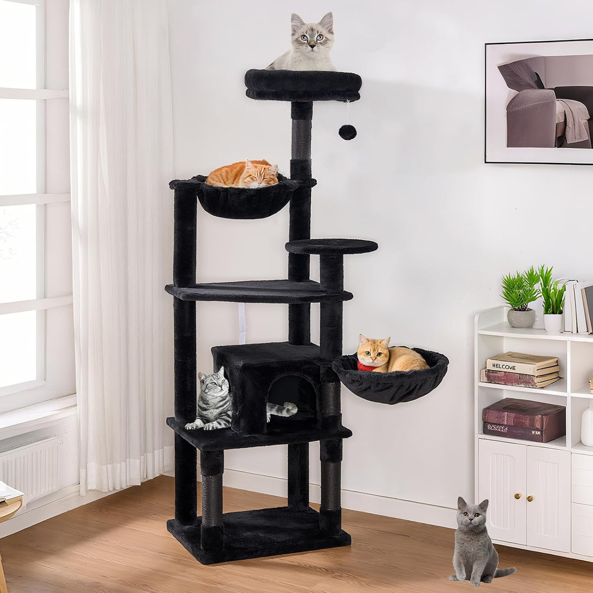Black 63-inch gothic cat tree with basket, condo and plush perch