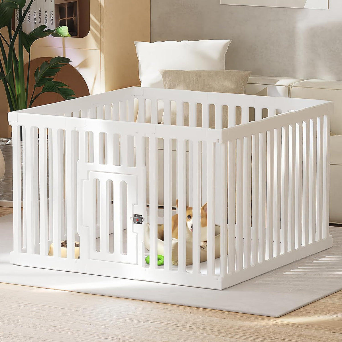Black twelve-panel portable dog playpen with locking door set up on a lawn