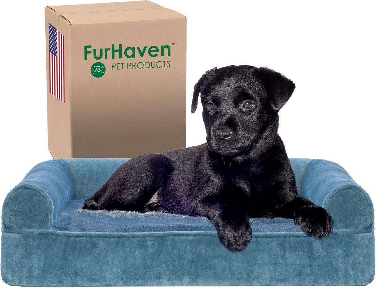 Espresso brown plush sofa dog bed with suede bolsters – view 4