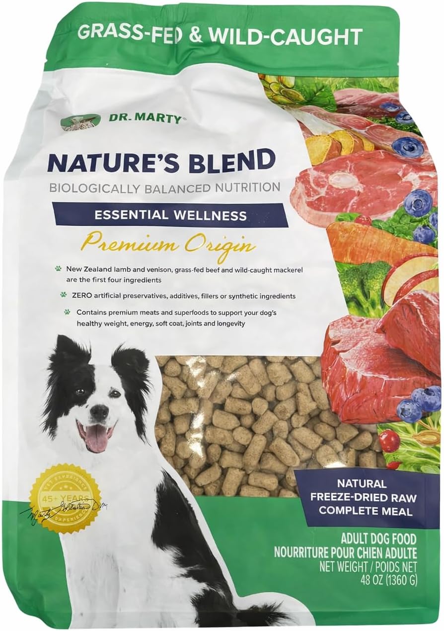 48 oz bag of freeze-dried raw dog food with lamb, venison and fish