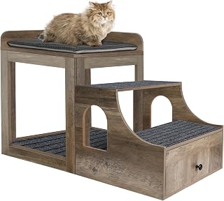 Cat Window Perch with Removable Stairs, Bunk Bed with Drawer and Cushion, Grey