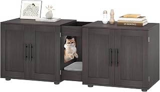 55 Inch 3-in-1 Wooden Cat Litter Box Enclosure for 2 Cats with Double Compartments, Cat Door and Scratching Pad, Hickory
