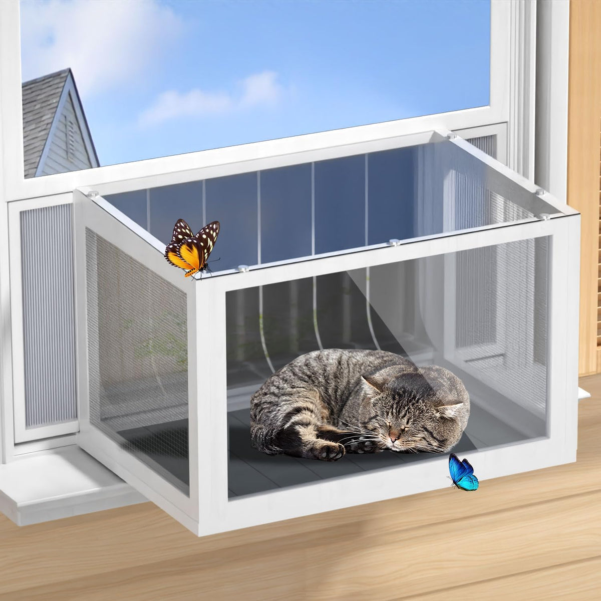 Grey window box catio with clear panels attached to a window