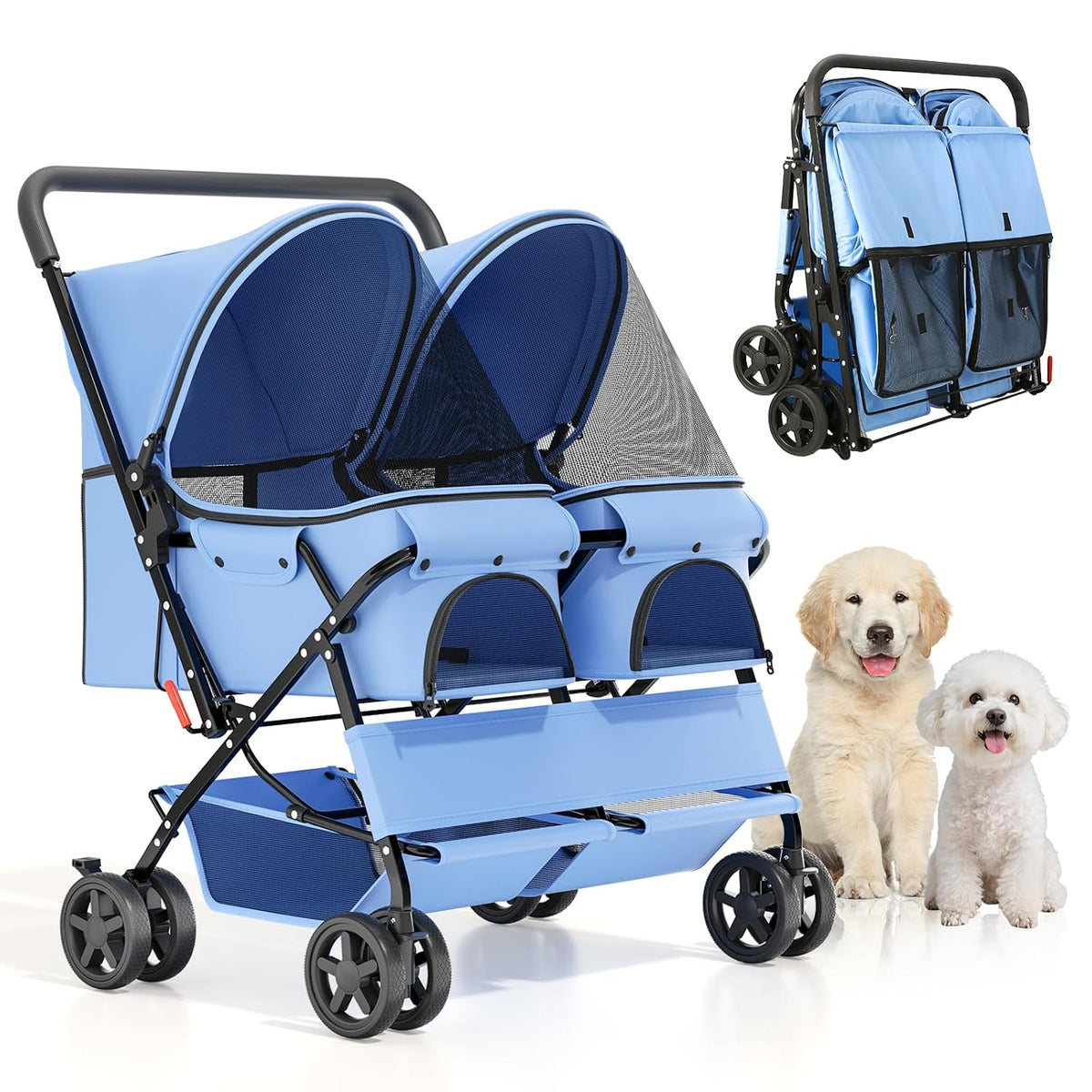 Black and gray foldable double dog stroller with two removable carrier bags – view 3