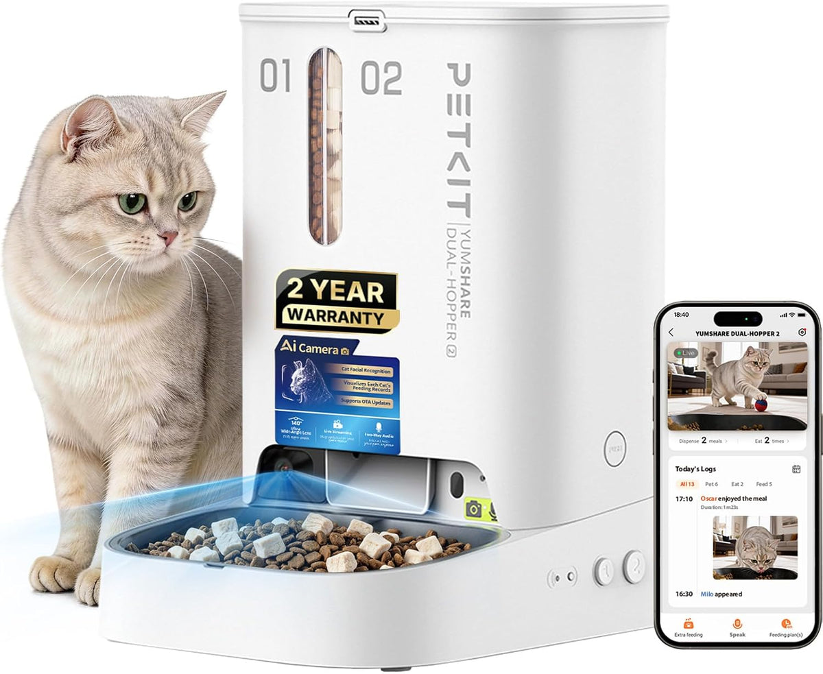 White single hopper cat feeder with recognition camera – view 2
