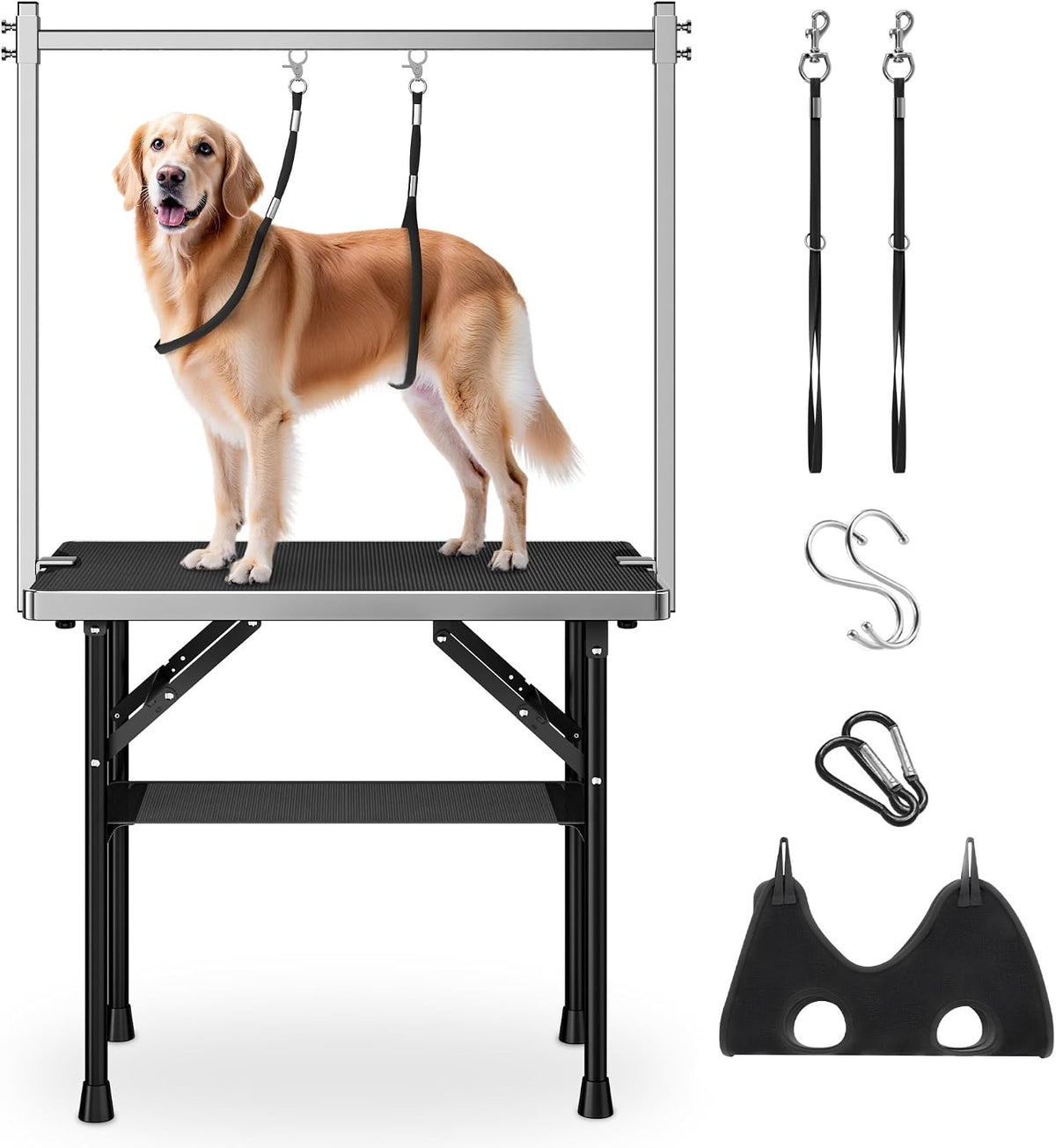 Dog grooming table with overhead arm, nooses and hammock