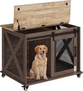 Farmhouse wooden dog crate on wheels with sliding barn door and oak top