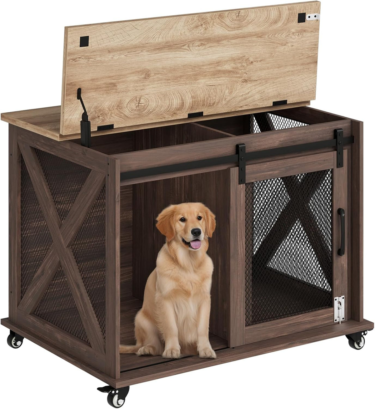 Farmhouse wooden dog crate on wheels with sliding barn door and oak top