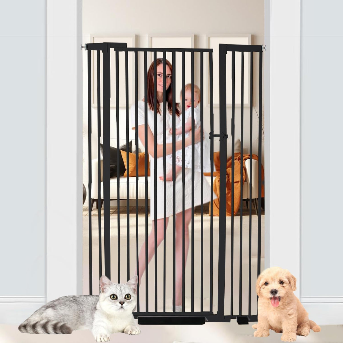 Black extra tall steel walk-through pet gate with narrow slats in a hallway doorway