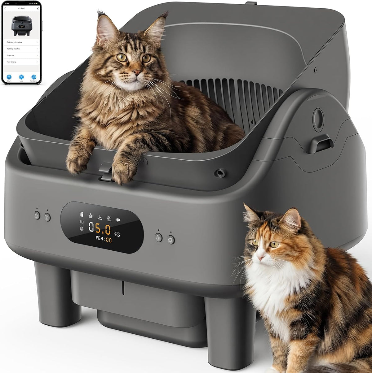 White open top self cleaning litter box with LED display, stair and mat – view 2